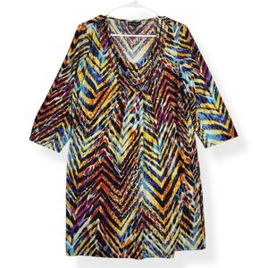 Mechant Dress Womens L Large Multicolor Zig Zag 3/4 Sleeves Stretch Knee Length